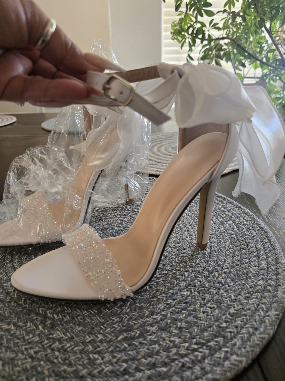 Elegant White Satin Bridal Heels with Crystal Strap - Picture 6 of 7
